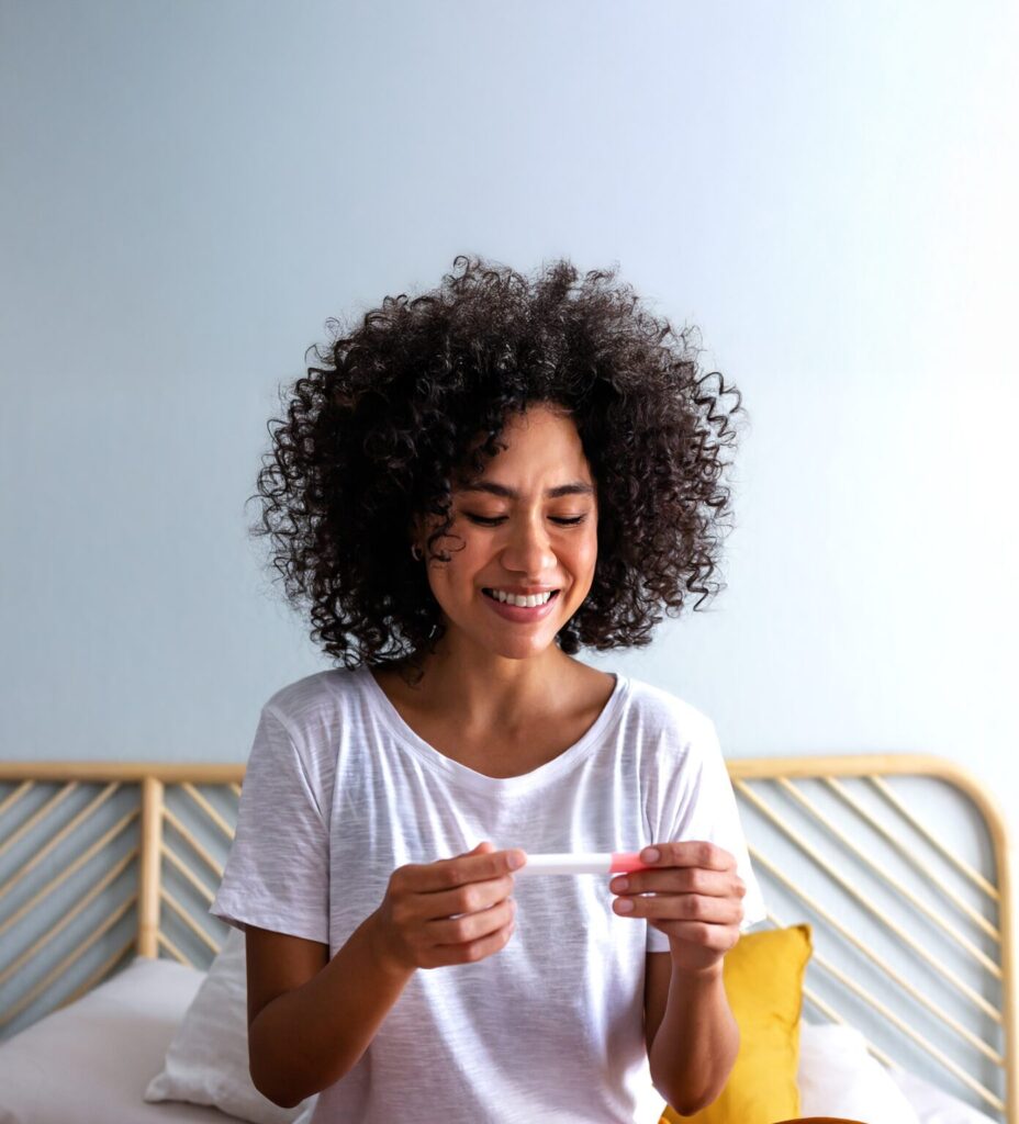 Woman opening a pregnancy test while receiving guidance from PRC Grand Rapids medical support staff.